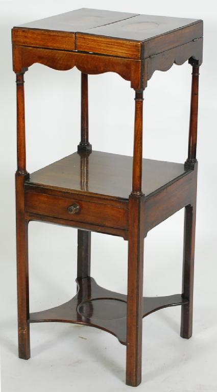 Appraisal: GEORGE III INLAID MAHOGANY WASHSTAND the shell inlaid hinged square