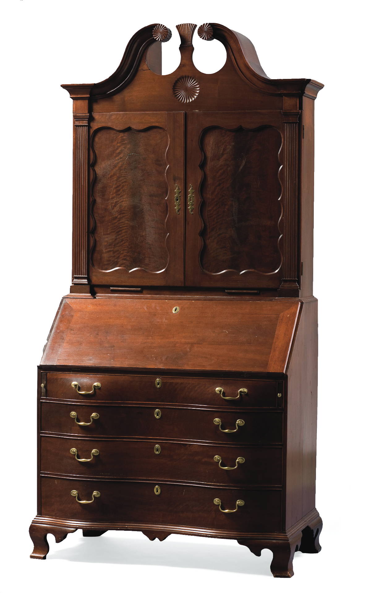 Appraisal: NEW ENGLAND CHIPPENDALE CARVED CHERRY AND MAHOGANY REVERSE-SERPENTINE DESK AND