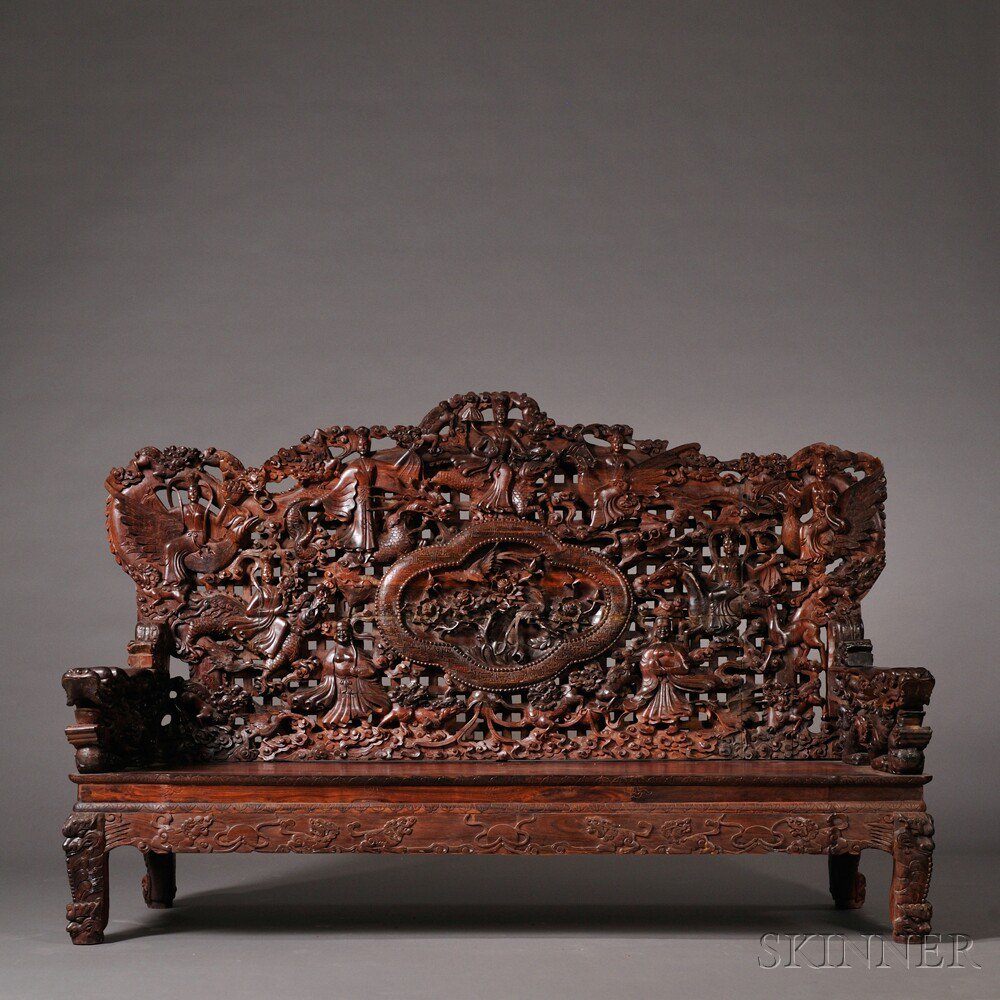 Appraisal: Export Hardwood Bench China the shaped back intricately carved with