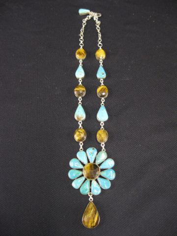 Appraisal: Turquoise Tigereye Sterling Necklace a stunning combination long