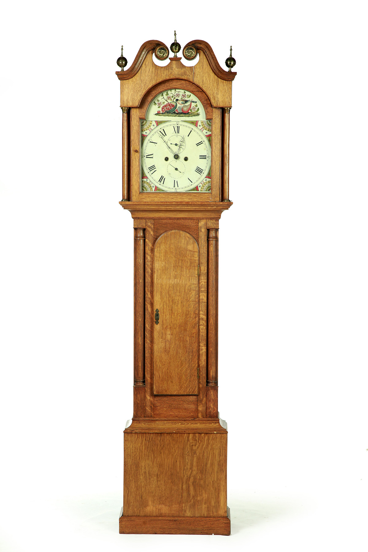 Appraisal: OAK TALL CASE CLOCK Old brass works with floral painted