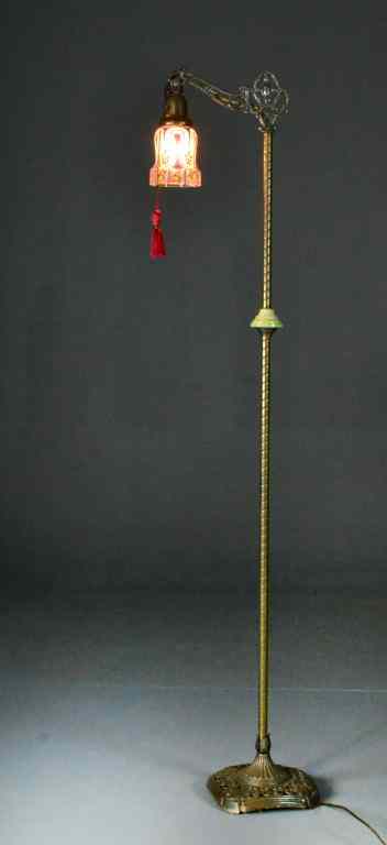 Appraisal: Brass Victorian Floor Lamp with Hand-Painted ShadeArt Deco floor lamp