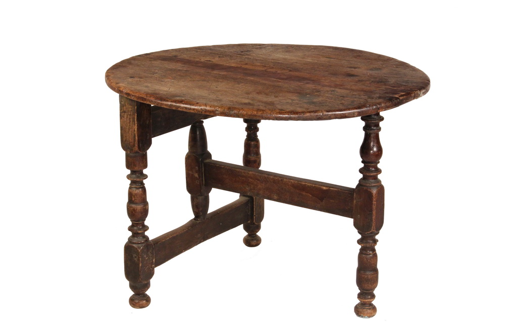 Appraisal: FOLDING TAVERN TABLE - Early Pilgrim Period Round Walnut Heavy