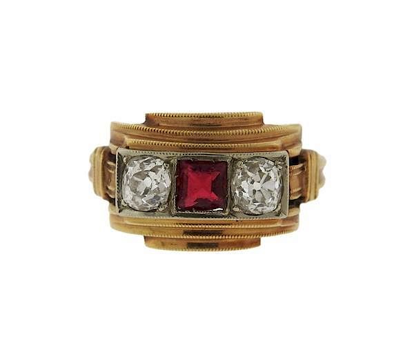 Appraisal: Antique K Gold Diamond Red Stone Ring METAL k gold