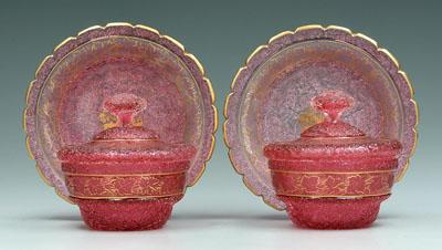 Appraisal: Pair cranberry glass lidded dishes borders with intaglio grape and