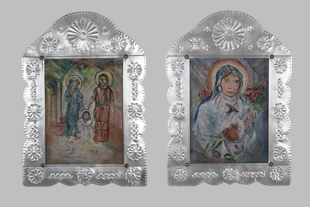 Appraisal: Eliseo Rodriguez Group of Two Reverse Painted Glass and Tin