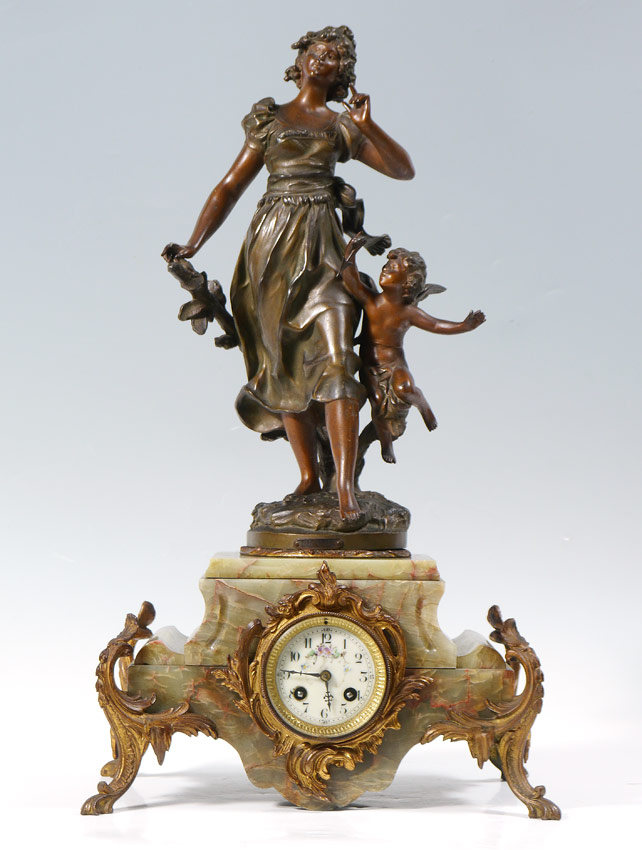 Appraisal: FRENCH FIGURAL BRONZE AND GREEN ONYX MANTLE CLOCK Patinated metal