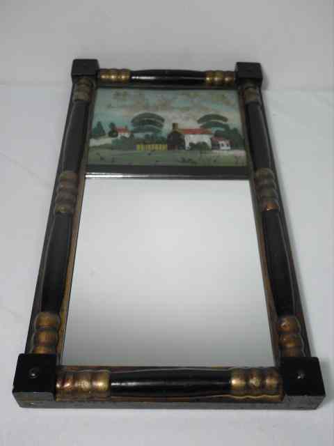 Appraisal: Sheraton giltwood reverse painted wall mirror Two panel upper glass