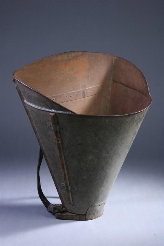 Appraisal: FRENCH PATINATED COPPER GRAPE HARVEST BASKET th century With leather