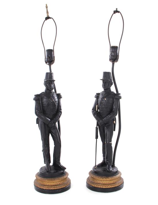 Appraisal: Pair French figural table lamps painted plaster standing figures overall