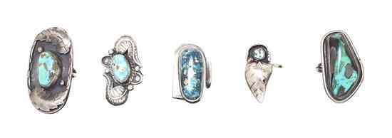 Appraisal: A Collection of Five Southwestern Sterling Silver and Turquoise Rings