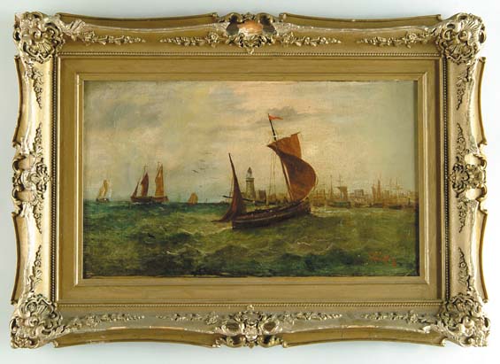 Appraisal: RUDEG Dutch School th Century FISHING BOAT IN HARBOR Oil