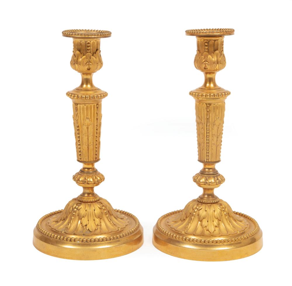 Appraisal: Pair of Louis XVI-Style Gilt Bronze Candlesticks tapered and fluted