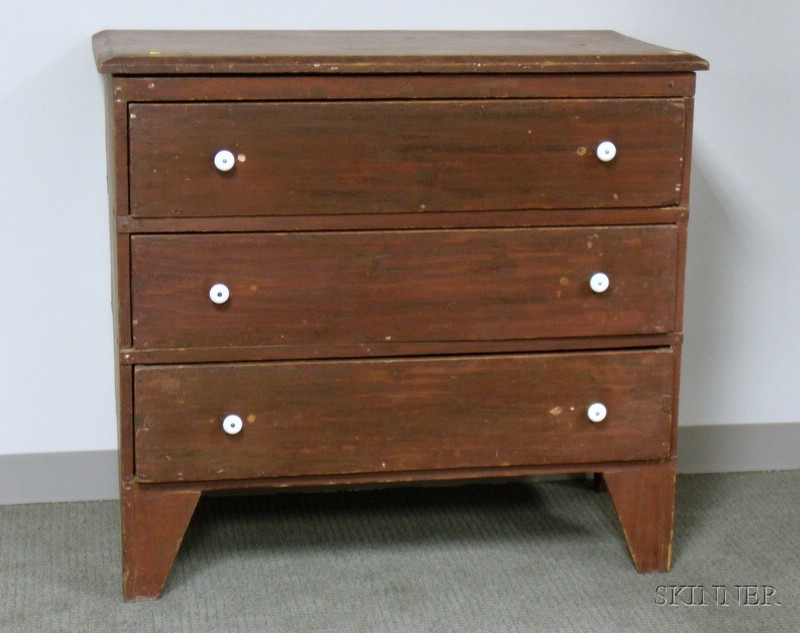 Appraisal: Country Red-painted Poplar Three-Drawer Chest with porcelain pulls ht wd