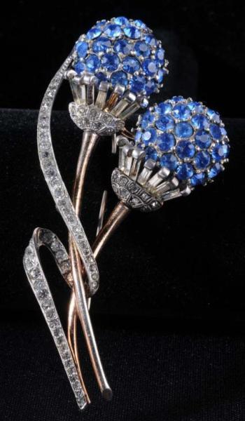 Appraisal: Signed Pennino Sterling Pin Description Two blue rhinestone flowers with