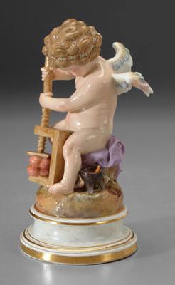 Appraisal: Meissen porcelain cupid figurine cupid clamping two hearts blue crossed