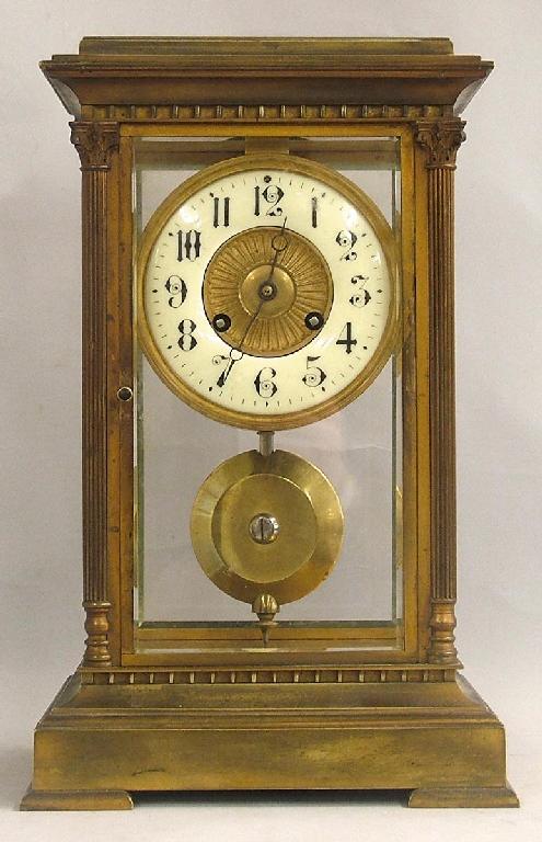 Appraisal: French brass four glass mantel clock the Mougin movement striking