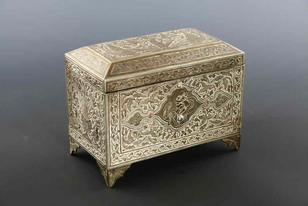 Appraisal: INLAID PERSIAN METAL BRONZE BOX - Silver and Copper Inlaid