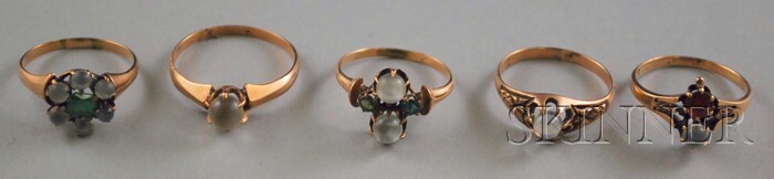 Appraisal: Five Low-karat Gold and Moonstone Rings three additionally set with