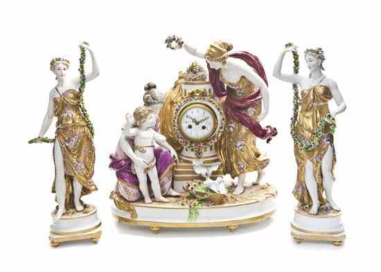 Appraisal: A German Porcelain Clock Garniture three pieces comprising a clock