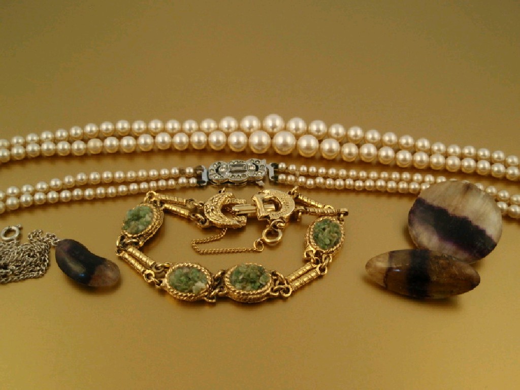 Appraisal: Blue John brooches pendant and costume bracelet and simulated pearl