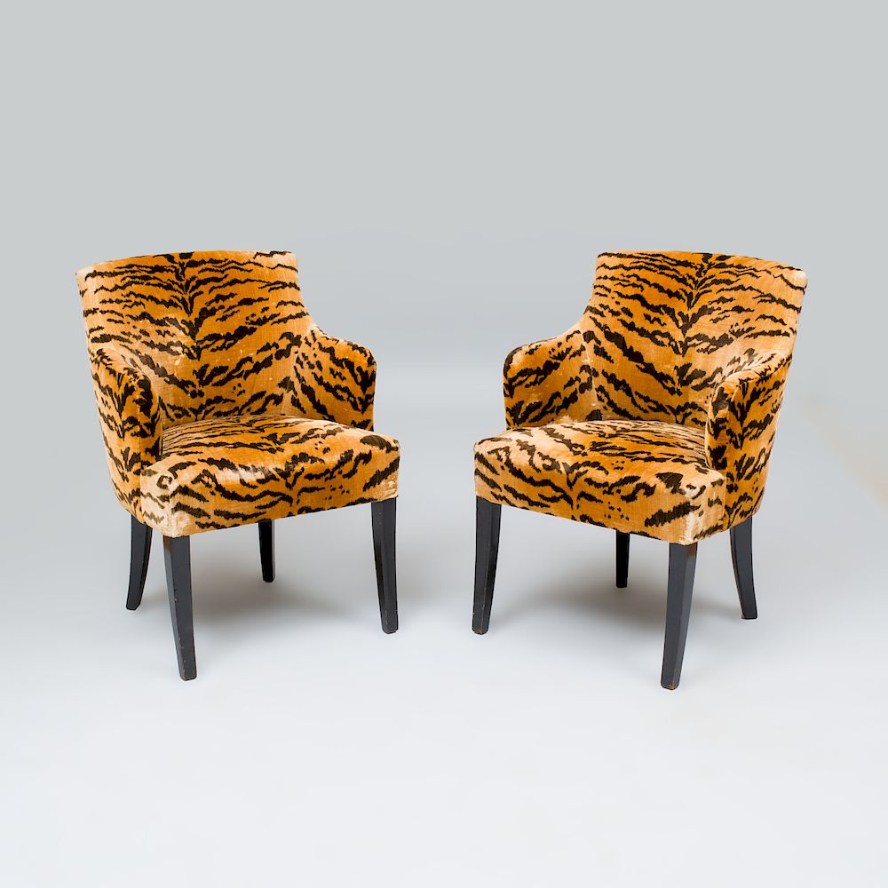 Appraisal: Pair of Tiger Velvet Chairs Upholstered in Luigi Bevilacqua Fabric