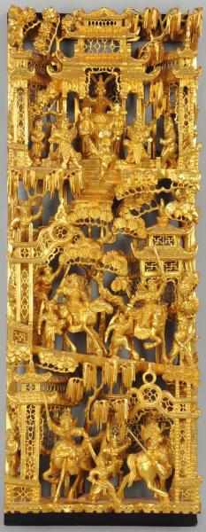 Appraisal: Chinese Carved Wooden Gold Plaque With fully carved people and