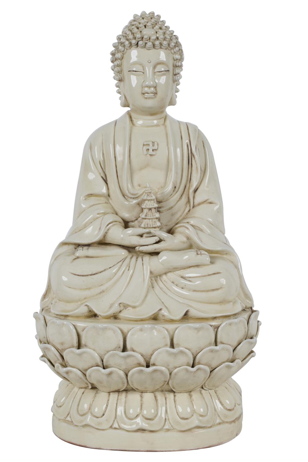 Appraisal: CHINESE BLANC DE CHINE PORCELAIN SEATED BUDDHAwith two seal marks