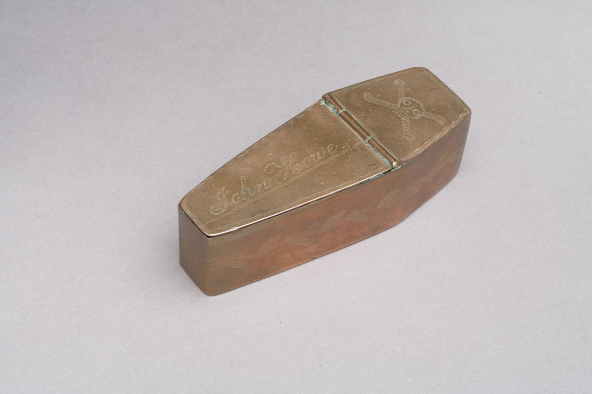 Appraisal: JOHN HOWE'S COPPER COFFIN-FORM SNUFF BOX NINETEENTH CENTURY Engraved with