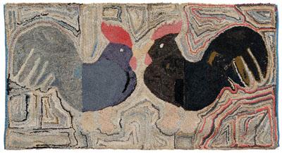 Appraisal: Fine hooked rug with roosters two mean roosters with elaborate