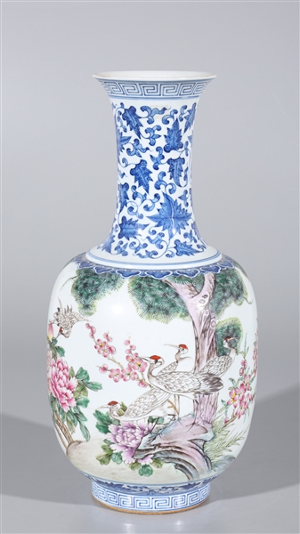 Appraisal: Chinese blue and white necked vase featuring a colorful humming