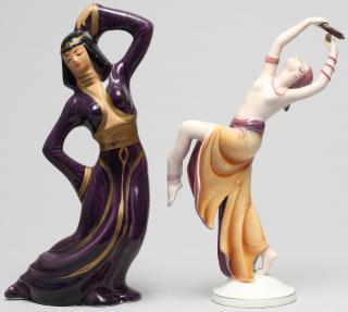 Appraisal: Porcelain Female Dancing Figures Comprising one in purple garb resting