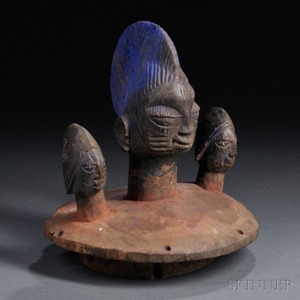 Appraisal: Yoruba Egungun Carved Wood Headdress with three protruding human heads