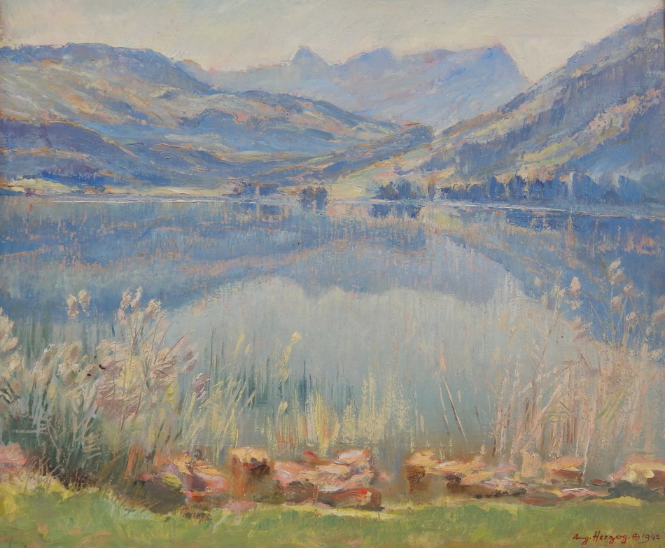 Appraisal: August Herzog - An Alpine lake scene oil on board