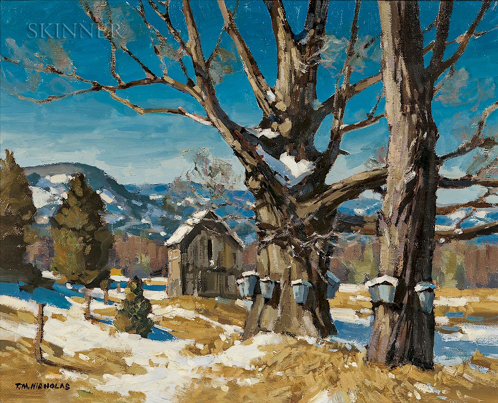 Appraisal: T M Nicholas American b Tapping Maple Trees T M