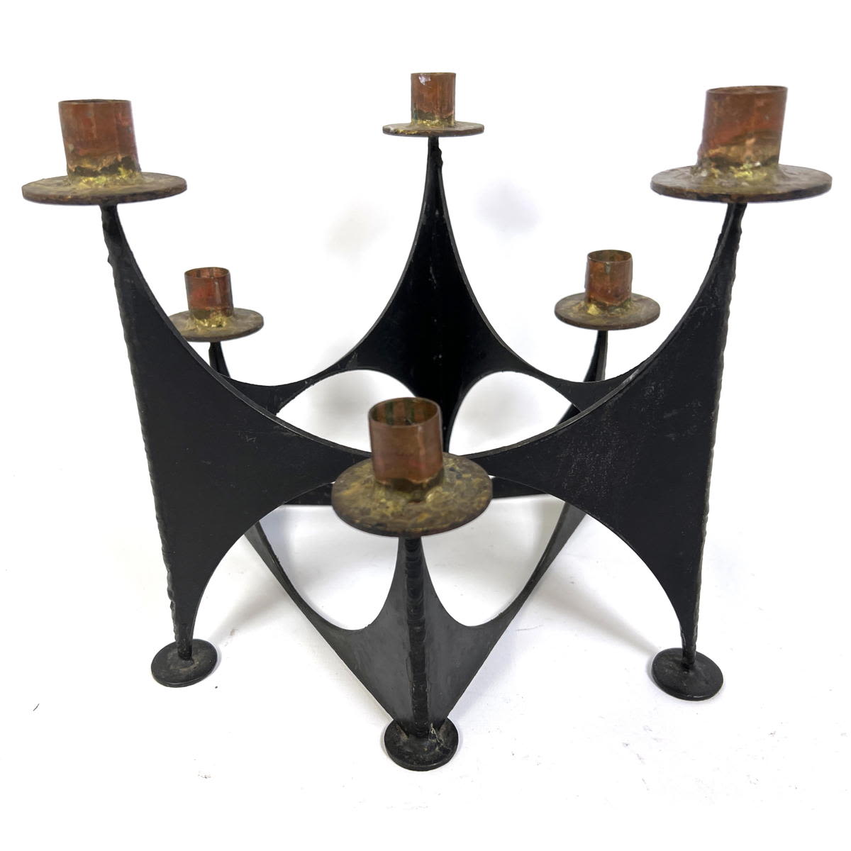 Appraisal: Pr Brutalist candle holders iron torch cut steel brass and