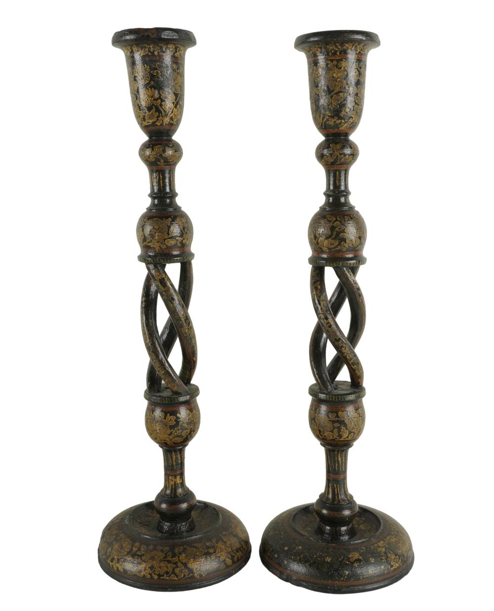 Appraisal: PAIR OF VICTORIAN PAINTED WOOD CANDLESTICKSProvenance The Jim Belushi Collection