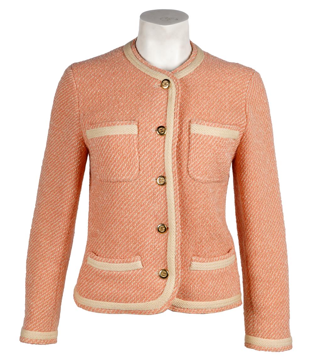 Appraisal: CHANEL PINK TWEED JACKETwool and silk inches shoulder to shoulder