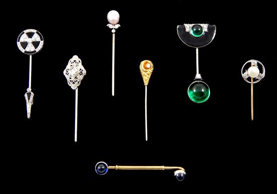 Appraisal: JEWELRY Seven stickpins platinum art deco diamond and obsidian one