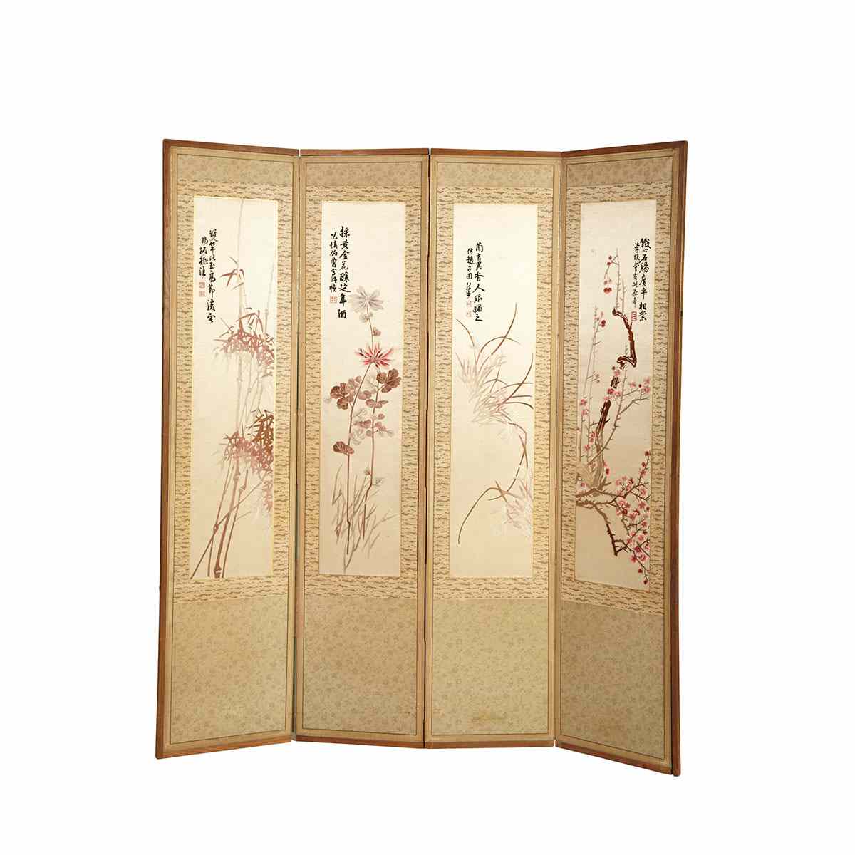 Appraisal: Silk Embroidered Four Seasons T Panels Early th Century The