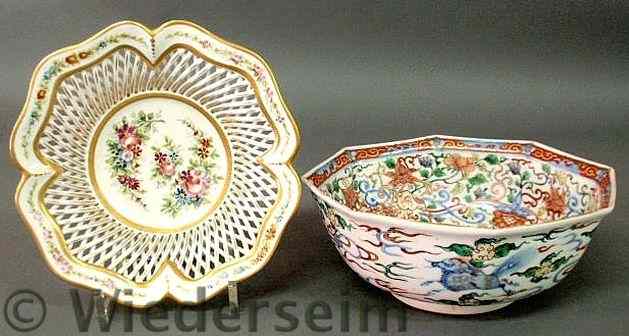 Appraisal: Asian porcelain octagonal bowl h and a German porcelain reticulated