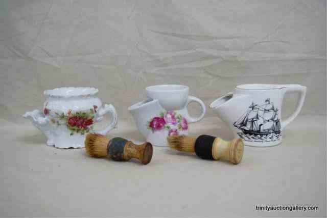 Appraisal: Vintage English Bone China Shaving MugsWith vintage lather brushes One