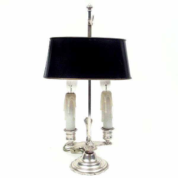 Appraisal: A Louis XVI style silver plated two light bouillotte lamp