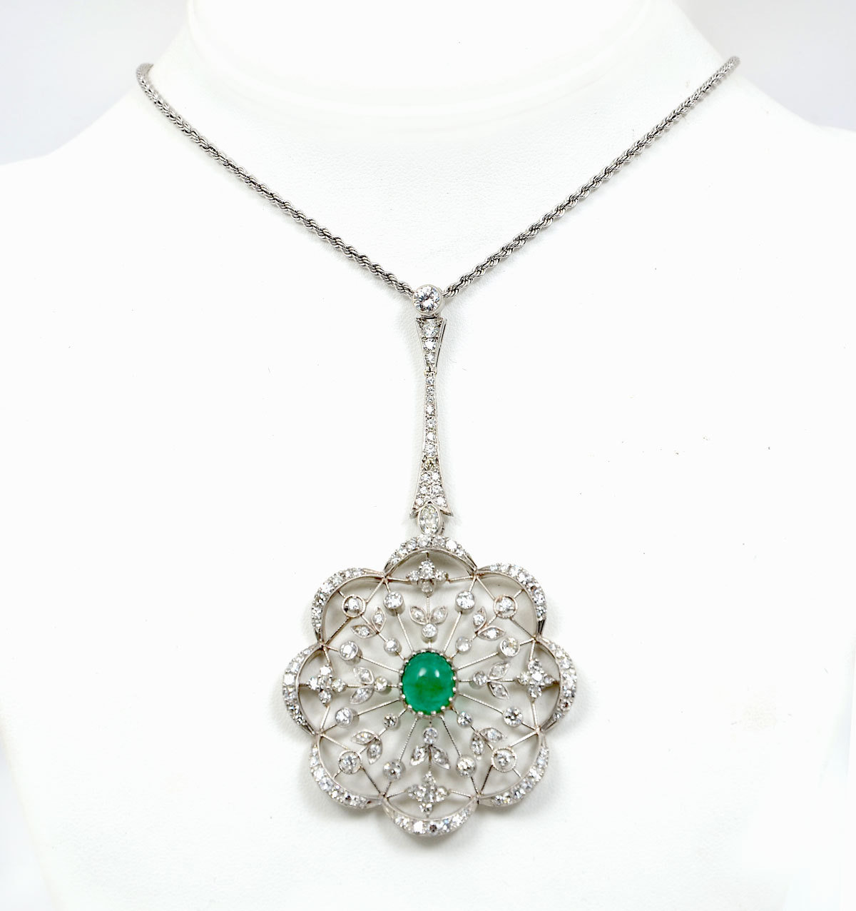 Appraisal: PLATINUM CTW EMERALD DIAMOND PENDANT CHAIN CT cabochon emerald is