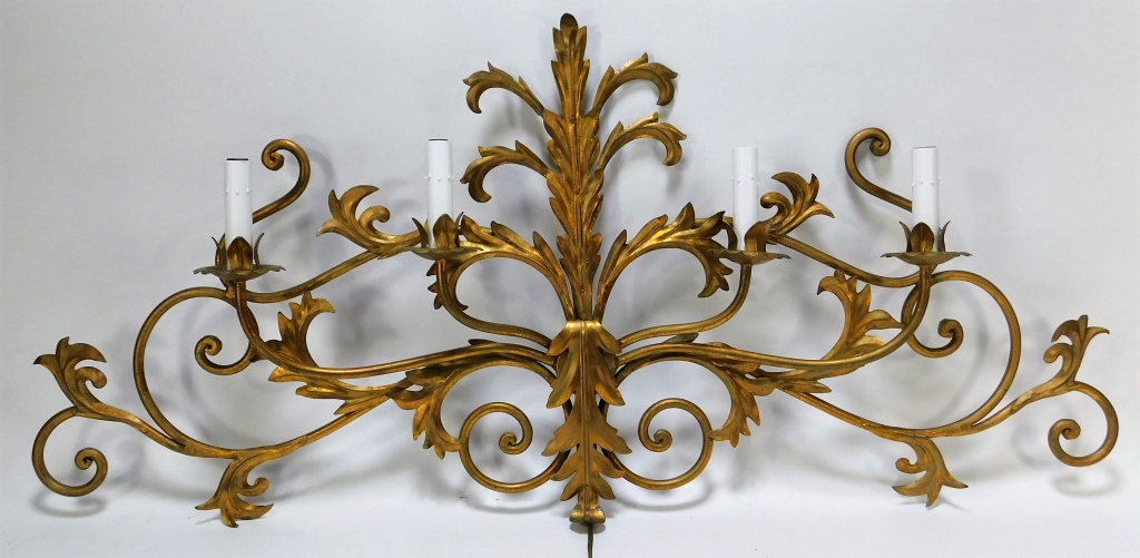 Appraisal: ITALIAN ACANTHUS LEAF GILT TOLEWARE WALL SCONCE Italy th CenturyFour