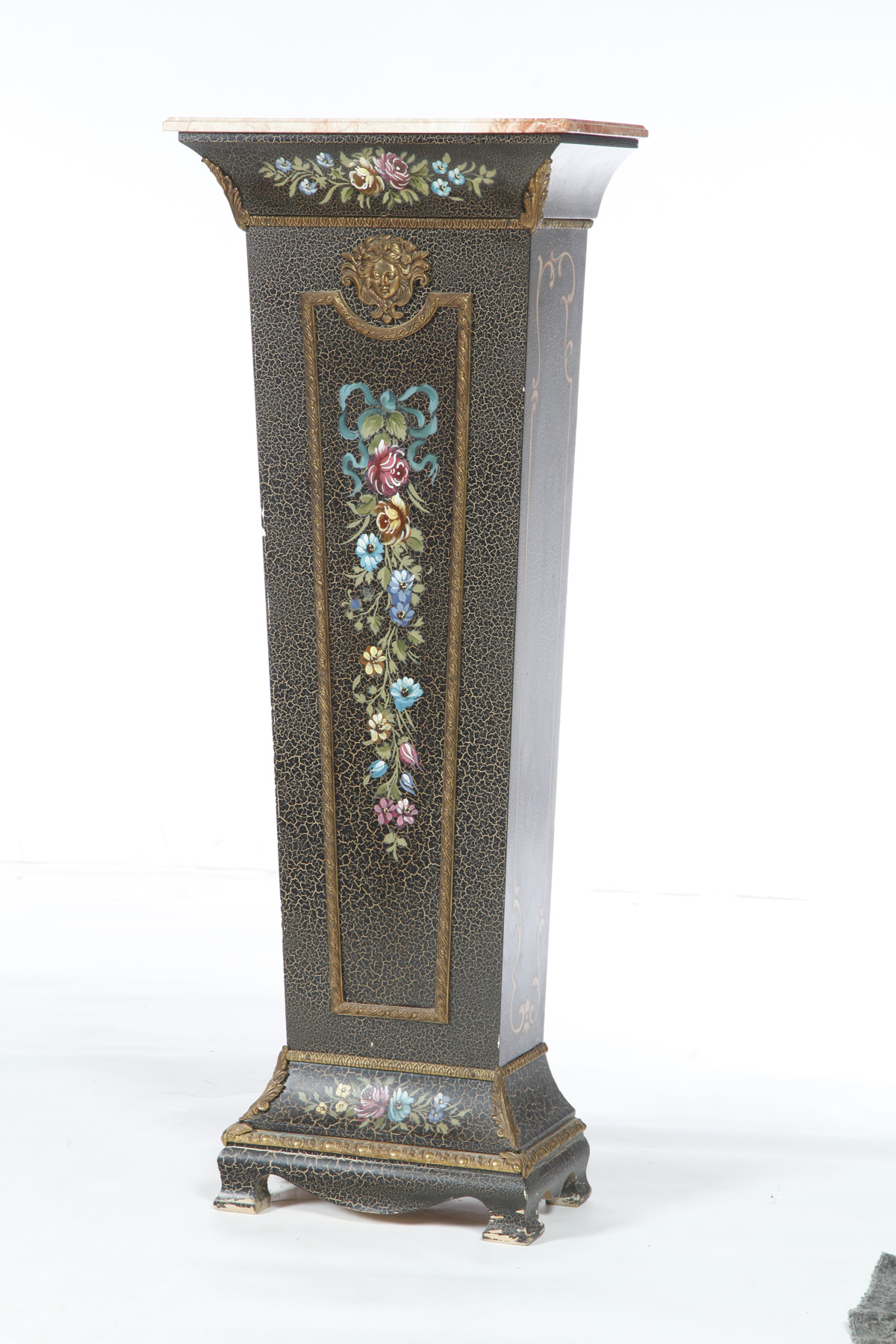 Appraisal: DECORATED PEDESTAL Twentieth century Marble-top pedestal with applied brass and