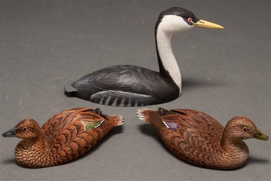 Appraisal: Three miniature carved and painted wood duck figures Western Grebe