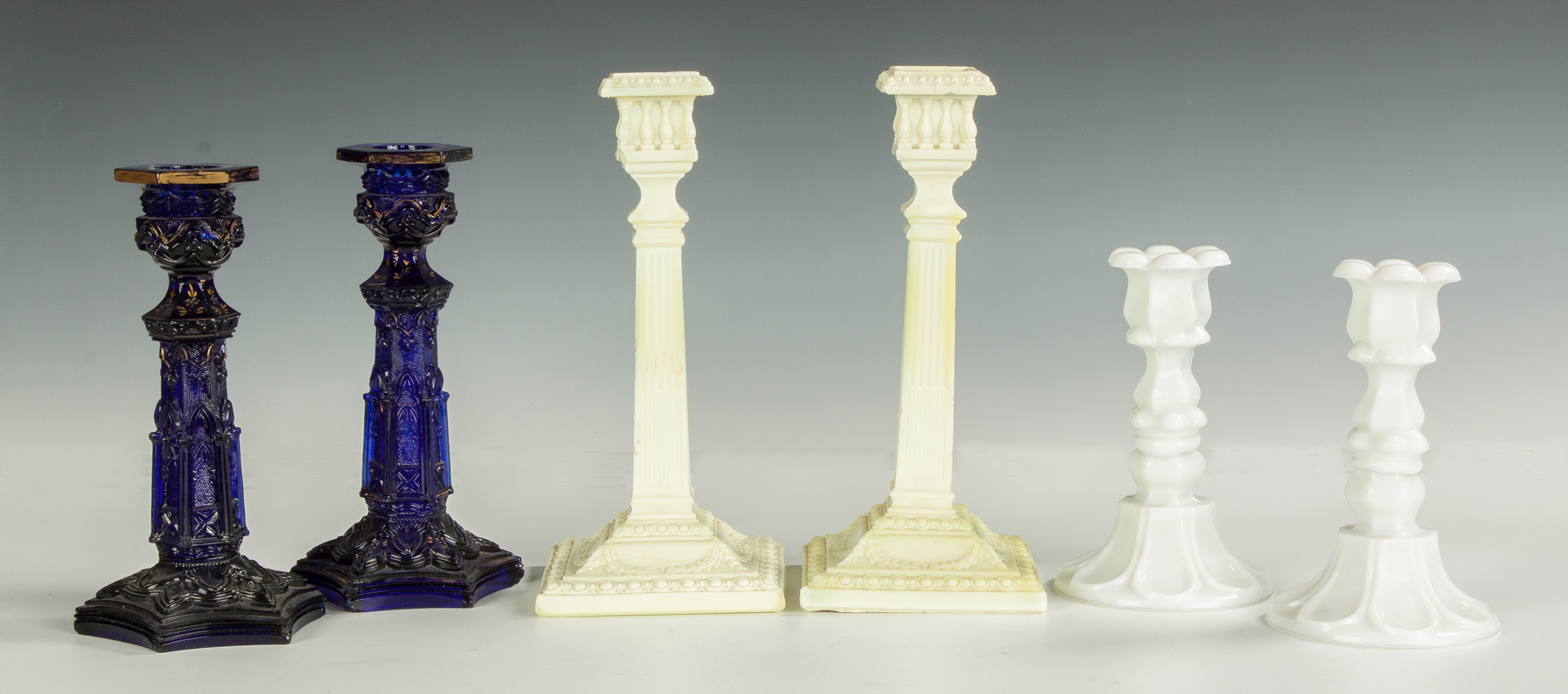 Appraisal: Three Pairs of Glass Candlesticks th cent Some wear to