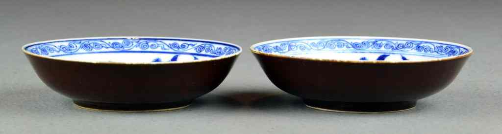 Appraisal: Pr Chinese Blue White Finger BowlsDepicting lotus and bamboo each