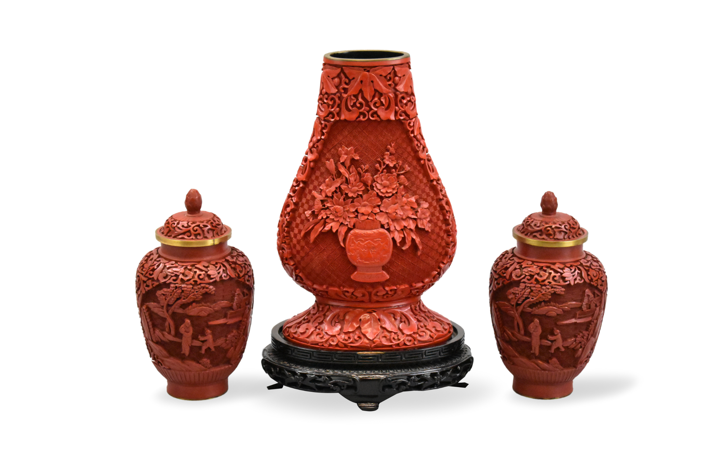 Appraisal: A group of three Chinese carved items two cinnabar jars